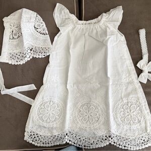 Elegant White Lace Kids Dress Set baptism dress and bonnet with bow.